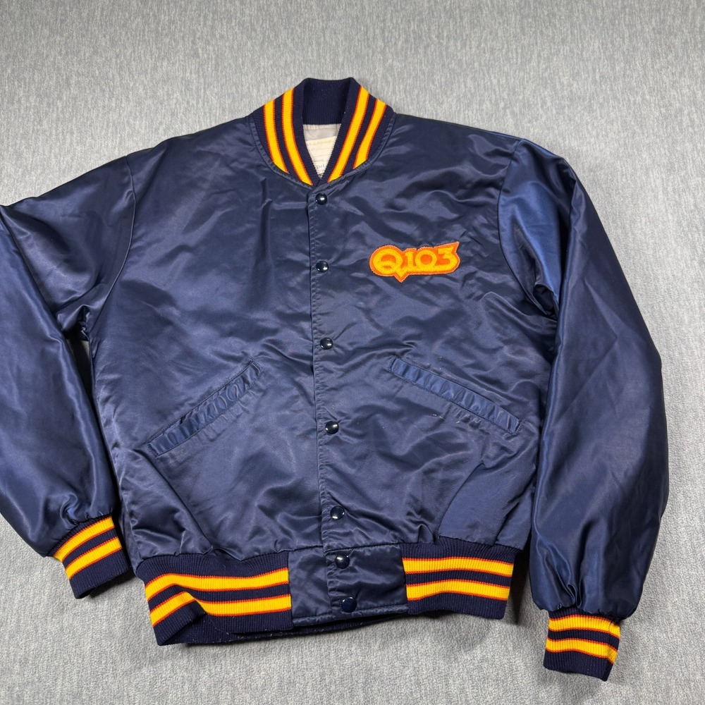 DeLong Jacket Men M Blue Varsity Bomber Q103 Radio Station Logo Quilted Vintage